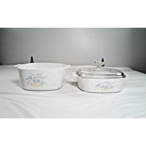 Corning Ware Blue Floral Basket 2L & 3L Casserole Dishes w 1 Lid Vintage Set